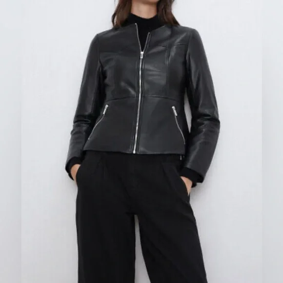 ZARA Faux Leather Moto Biker Collarless Jacket Edgy Career Black Size Small - Picture 2 of 10